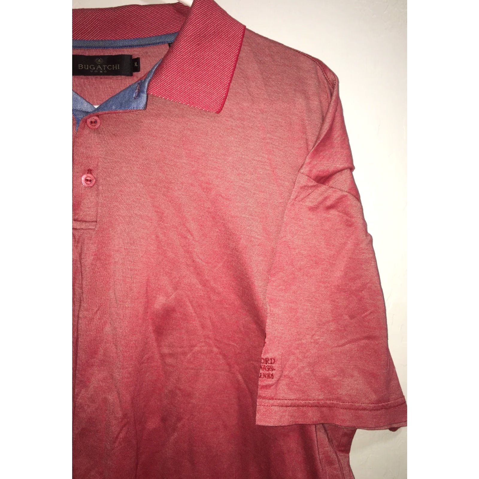 BUGATCHI Bugatchi Vomo Red Polo Blue Accents Mens XL 100% Mercerise Cotton Solid Short Sleeve Collared Classic Regular Polo Size US XL / EU 56 / 4 - 2 Thumbnail