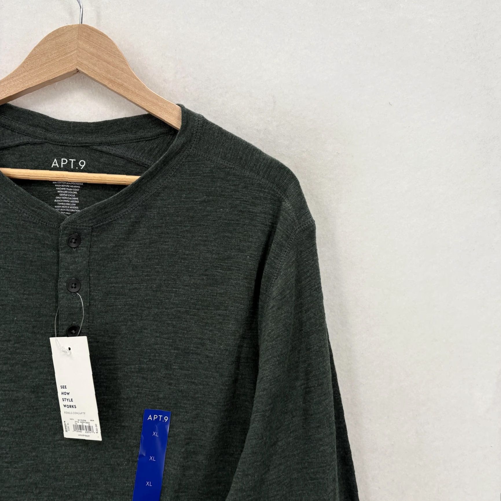 Apt. 9 APT.9 Henley Shirt Mens XL Green Long Sleeve Lightweight Tagless Slub Top Casual Size US XL / EU 56 / 4 - 2 Thumbnail