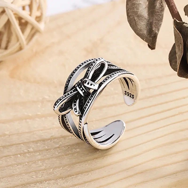 Jewelry × Vintage Bowknot Geometric Rings Art Silver Jewelry Rings Size ONE SIZE - 4 Thumbnail