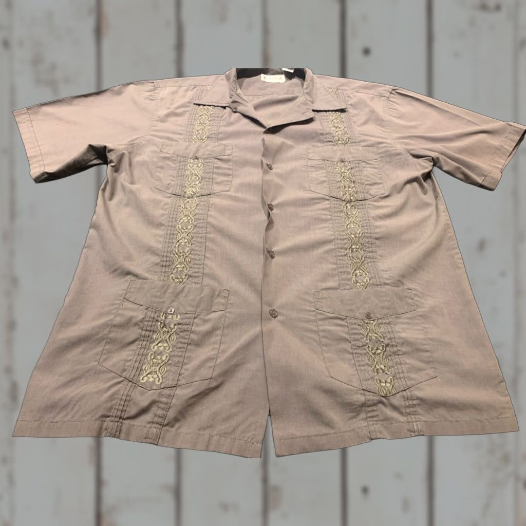 Vintage Platoon Men's Short Sleeve Button Shirt Taupe Geometric Knit Embroidered Casual L Size US L / EU 52-54 / 3 - 1 Thumbnail