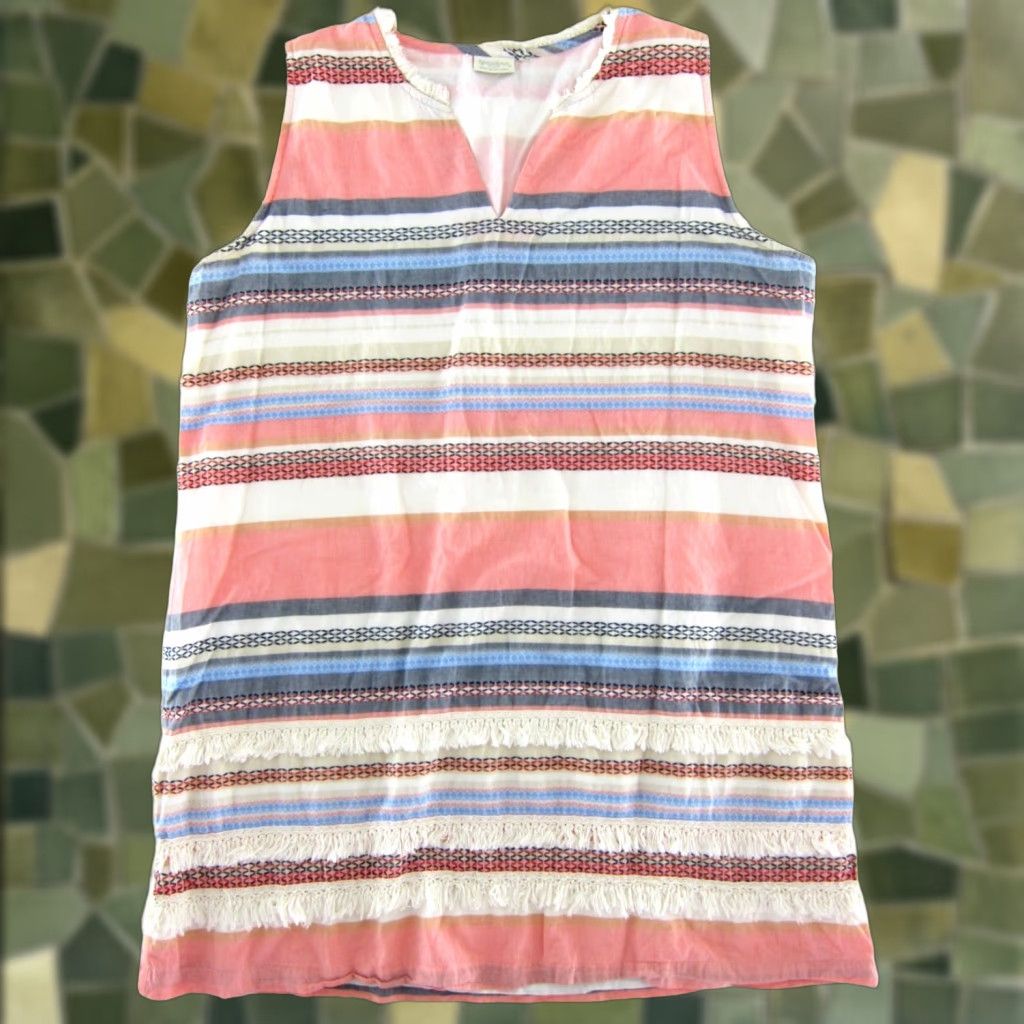 Pinko Spartina 449 Pink Blue Grey Stripe Fringe Cotton Sleeveless Tunic Shift Dress L Women's Maxi Shift Dress Knee Length Pullover Lined Size L / US 10 / IT 46 - 1 Thumbnail