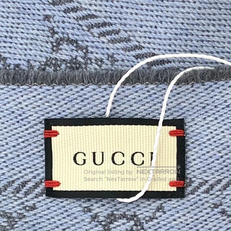 Gucci Guicci Blue-Gray Logo Jacquard Full Print Fringe Scarf| Size ONE SIZE - 8 Thumbnail