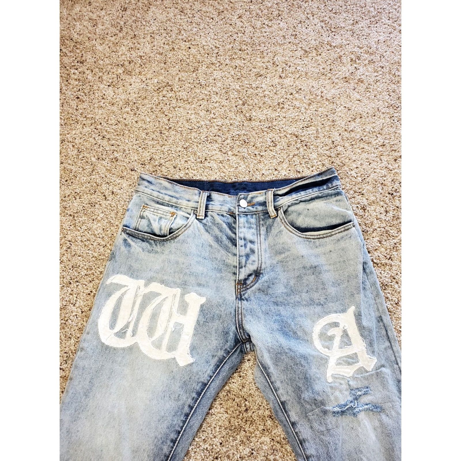 MNML Mnml War Jeans 31 Mens Blue Light Wash Raw Hem Stretch Denim Embroidered Jeans Size US 32 / EU 48 - 5 Thumbnail