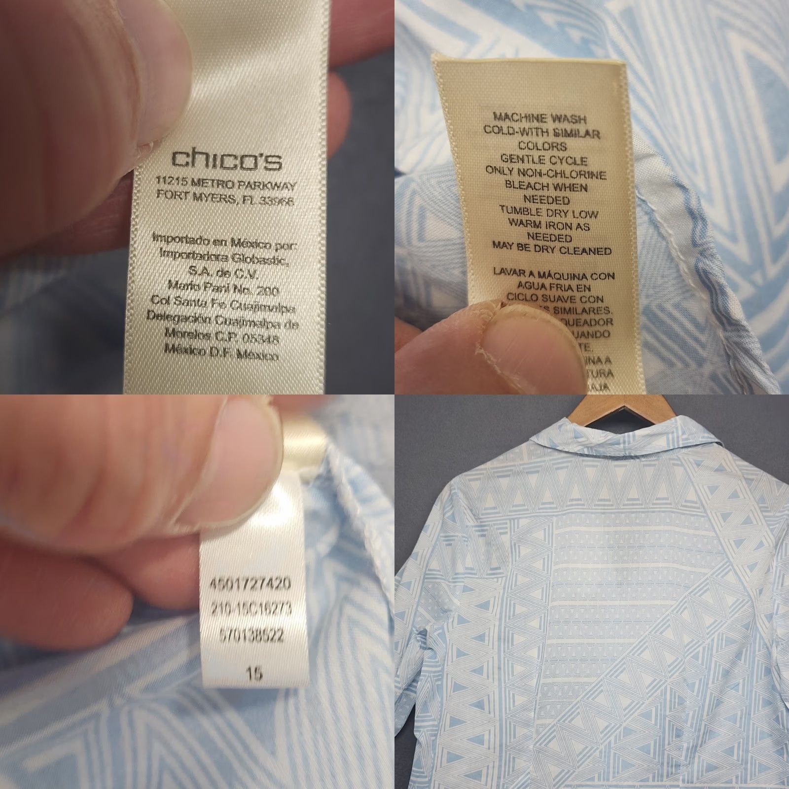 Vintage Chicos Shirt Womens 1 Medium Blue Geometric Print Button Front 3/4 Sleeve NEW Size M / US 6-8 / IT 42-44 - 9 Thumbnail