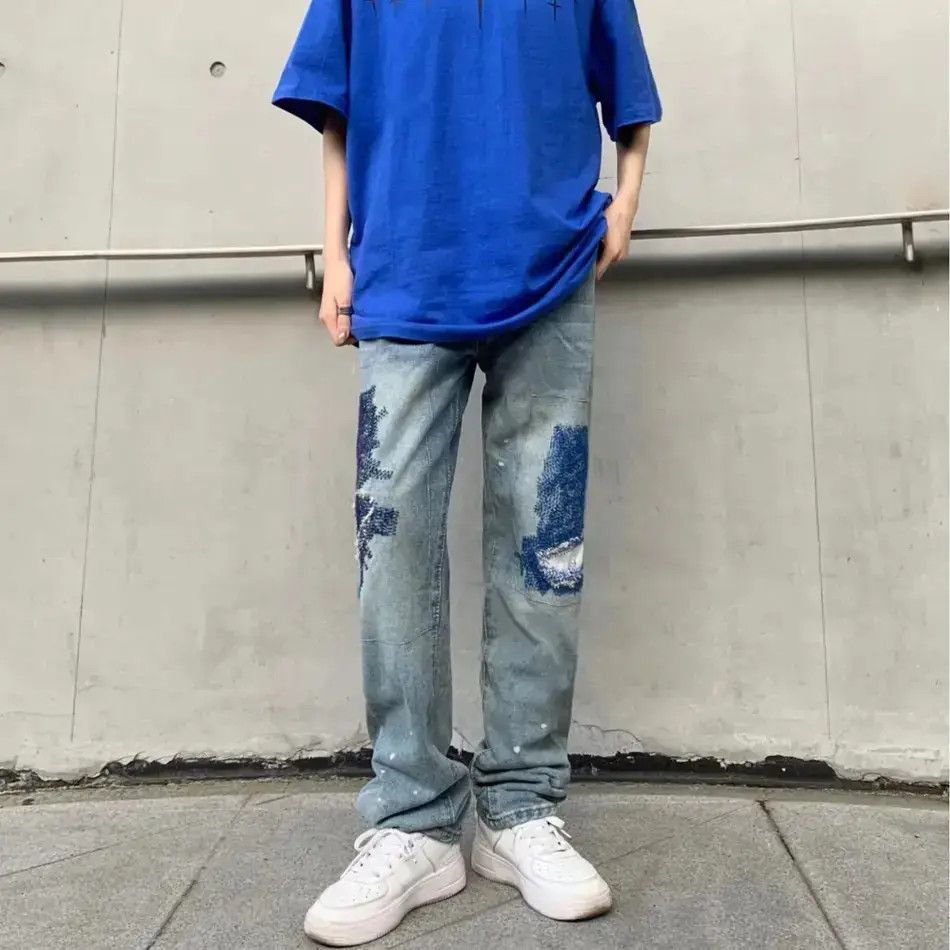 Japanese Brand Retro Straight Embroidered High Street Jeans Size US 32 / EU 48 - 2 Thumbnail