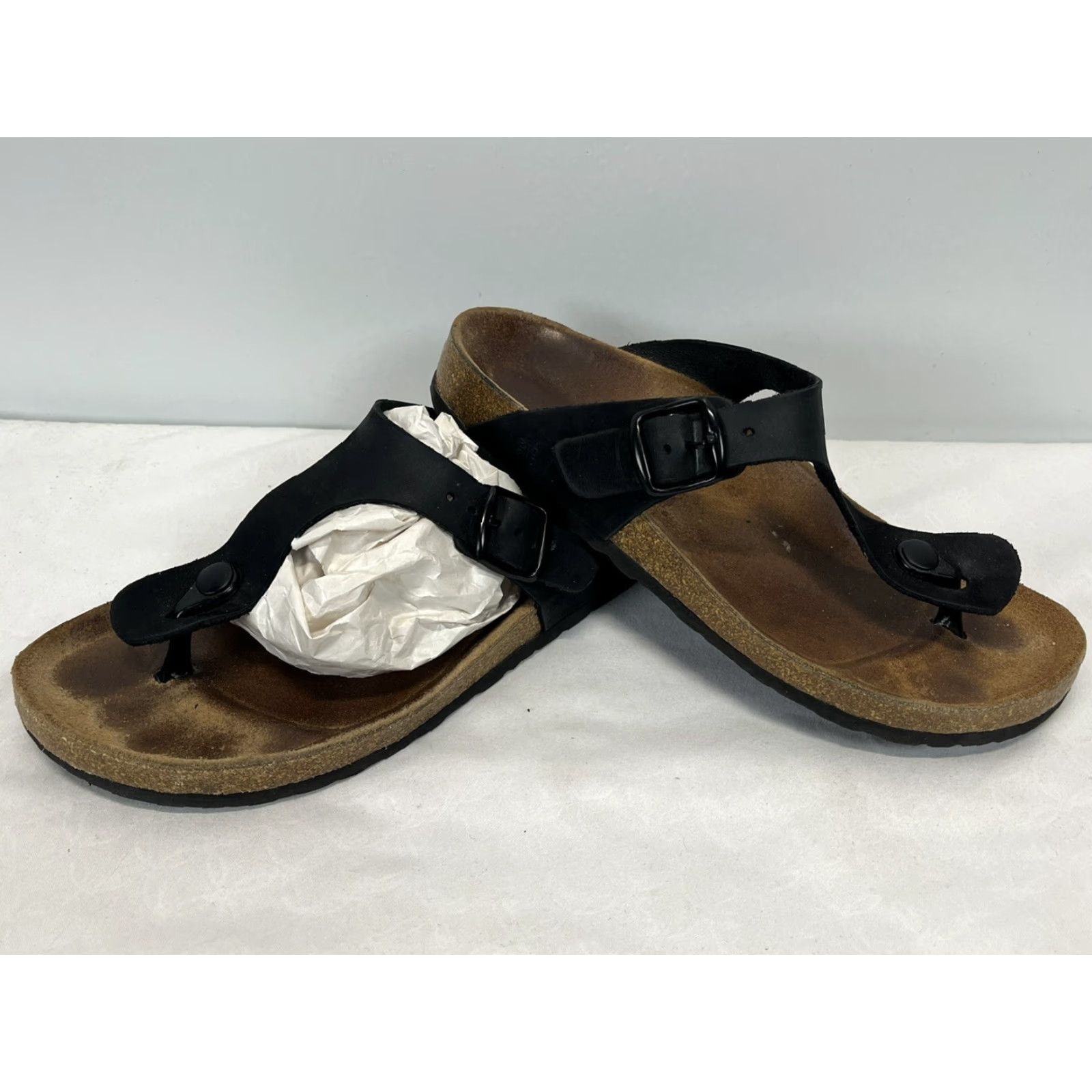 Vintage Bio Bio Womens Thong Sandals Black Leather Cork Bed Sz 38 US 7 GUC Cork Insole Outsole Leather Upper Leather Lü? Size US 7 / IT 37 - 2 Thumbnail