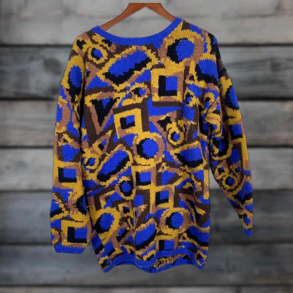 Vintage VINTAGE Adrienne Vittadini Sweater Women Small Blue Heavyweight Geometric Wool Knit Pullover 90s Retro Womens Size S / US 4 / IT 40 - 1 Thumbnail