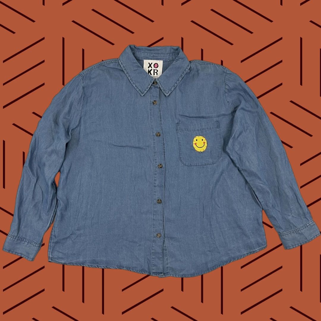 Kerri Rosenthal Button Up Shirt Womens XL Blue Happiness is a Frame of Mind