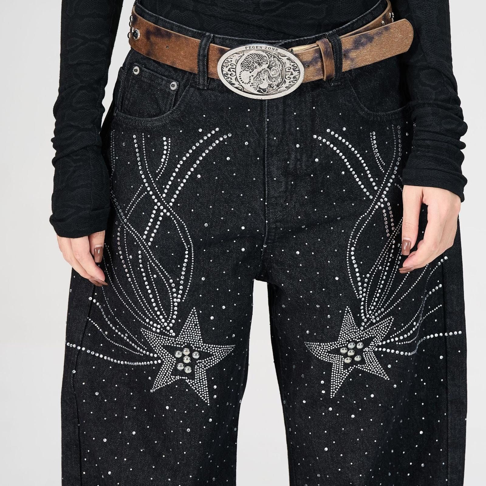 Japanese Brand Black Wide Leg Pants with Star Rhinestone Embellishment Size 27" / US 4 / IT 40 - 4 Thumbnail