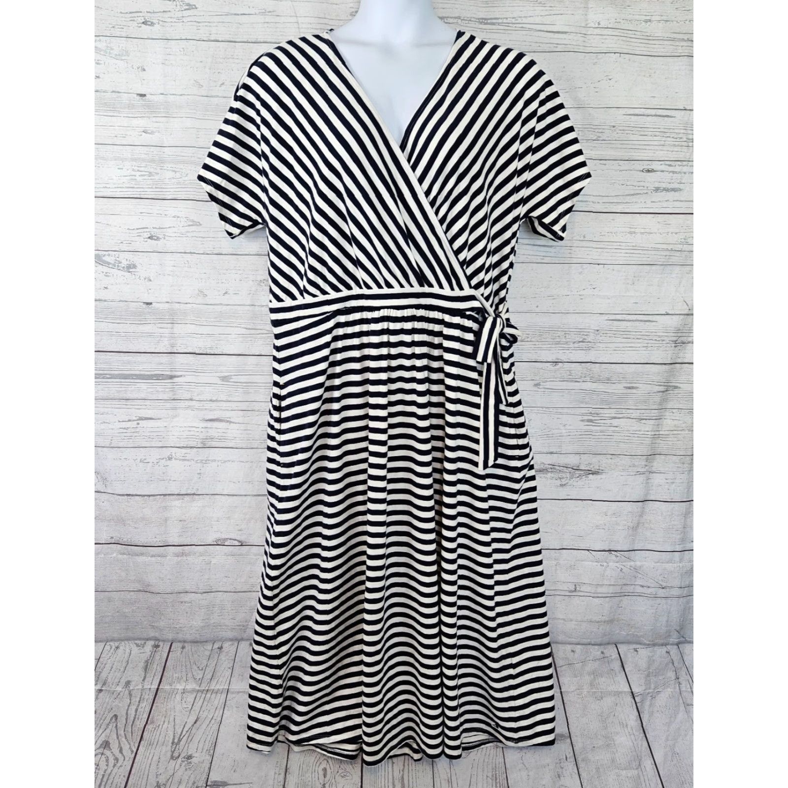 Vintage Joules Womens Faux Wrap Dress Sz 18 Blue White Stripe Pockets Cotton Blend Dress Short Sleeve Plus Size 18 Womens Size XXL / US 16-18 / IT 52-54 - 2 Thumbnail