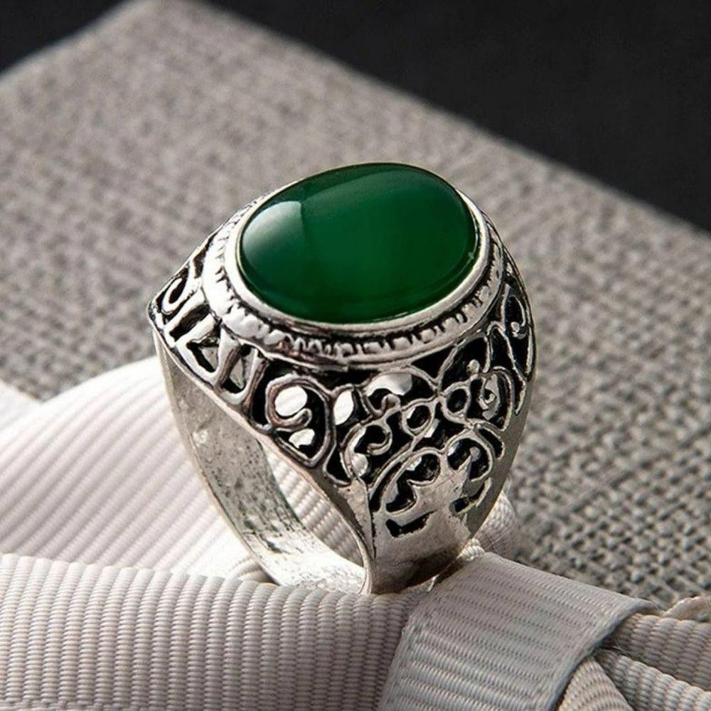 Designer Men's 925 Sterling Silver Green Resin Hollow Open Ring Size ONE SIZE - 5 Thumbnail
