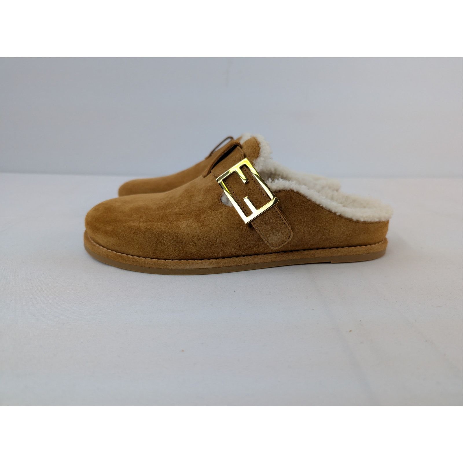 Fendi o1rshd1 Leather Feel Suede Shearling Slippers Caramel Brown Size US 8 / IT 38 - 11 Thumbnail