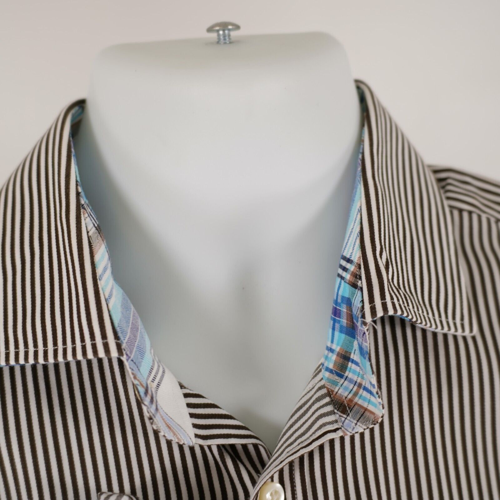 Designer Thomas Dean Brown Striped Pima Cotton Flip Cuff Large Collar Size US L / EU 52-54 / 3 - 3 Thumbnail