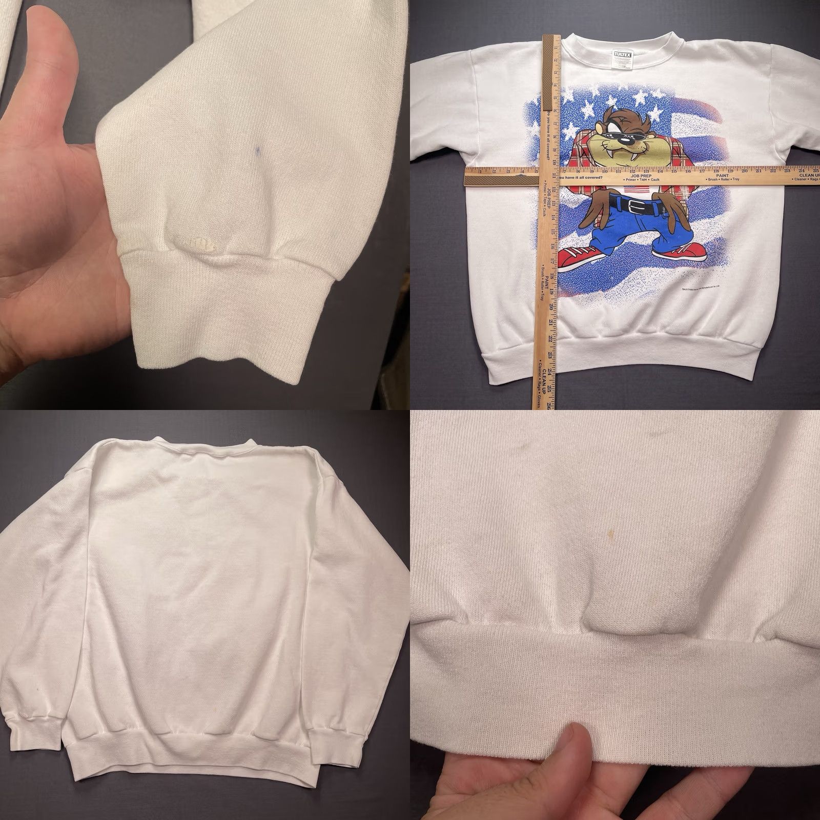 Vintage VINTAGE Looney Tunes Sweatshirt Taz American Flag Crewneck XL White Unisex Adults Sweatshirt Pullover 1995 Staining Size US XL / EU 56 / 4 - 8 Thumbnail