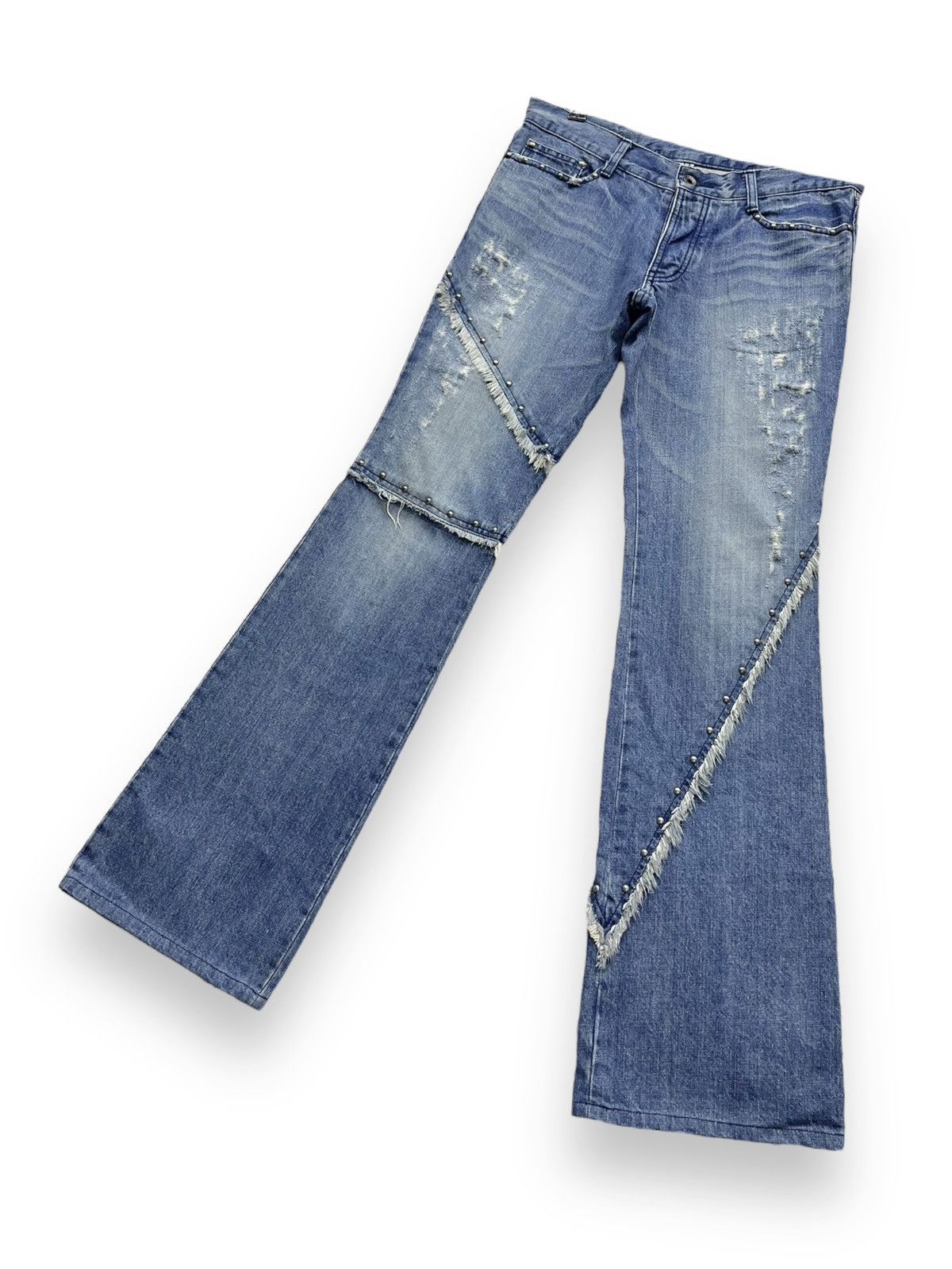 5351 POUR LES HOMMES STEALS💥VINTAGE 5351 HOMMES Distressed Spliced Studded Flare Size 31" - 4 Thumbnail