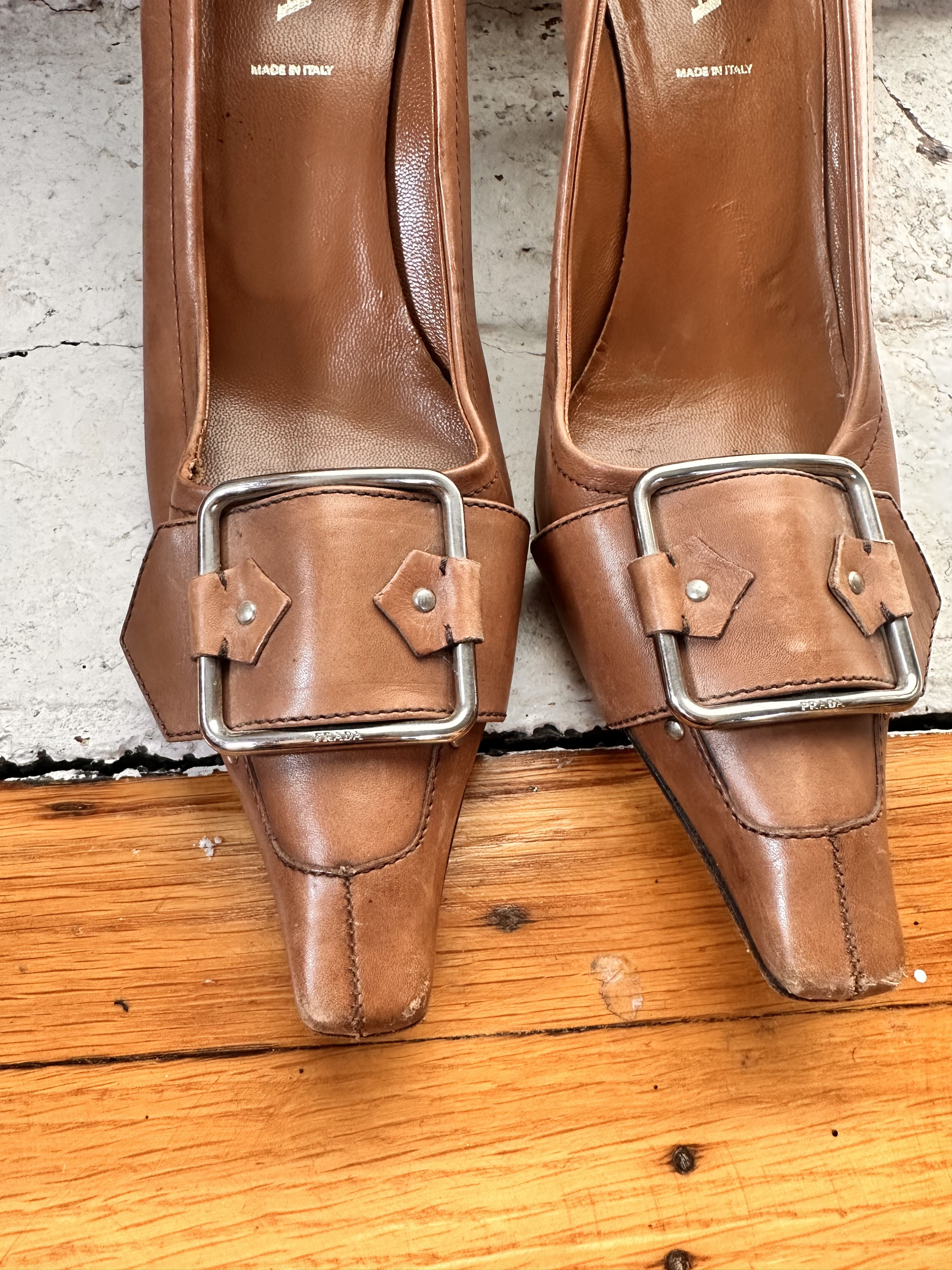 Prada PRADA BROWN LEATHER SILVER BUCKLE HIGH HEELS _ 38.5 EU Size US 7.5 / IT 37.5 - 2 Thumbnail