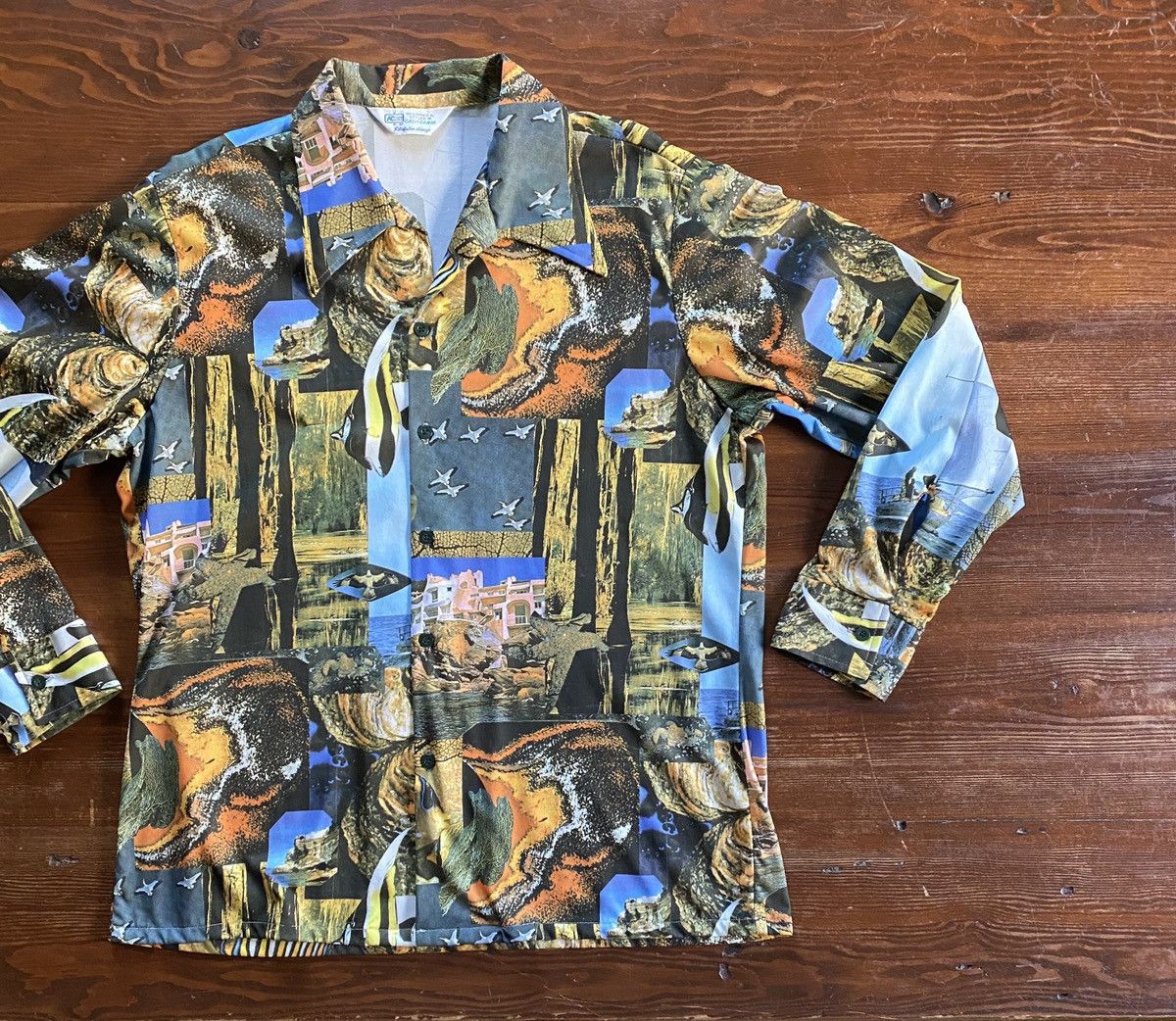 image of Retrofit x Vintage 70’S Kmart Ocean Theme All Over Print Poly Button Up, Men's (Size Large)