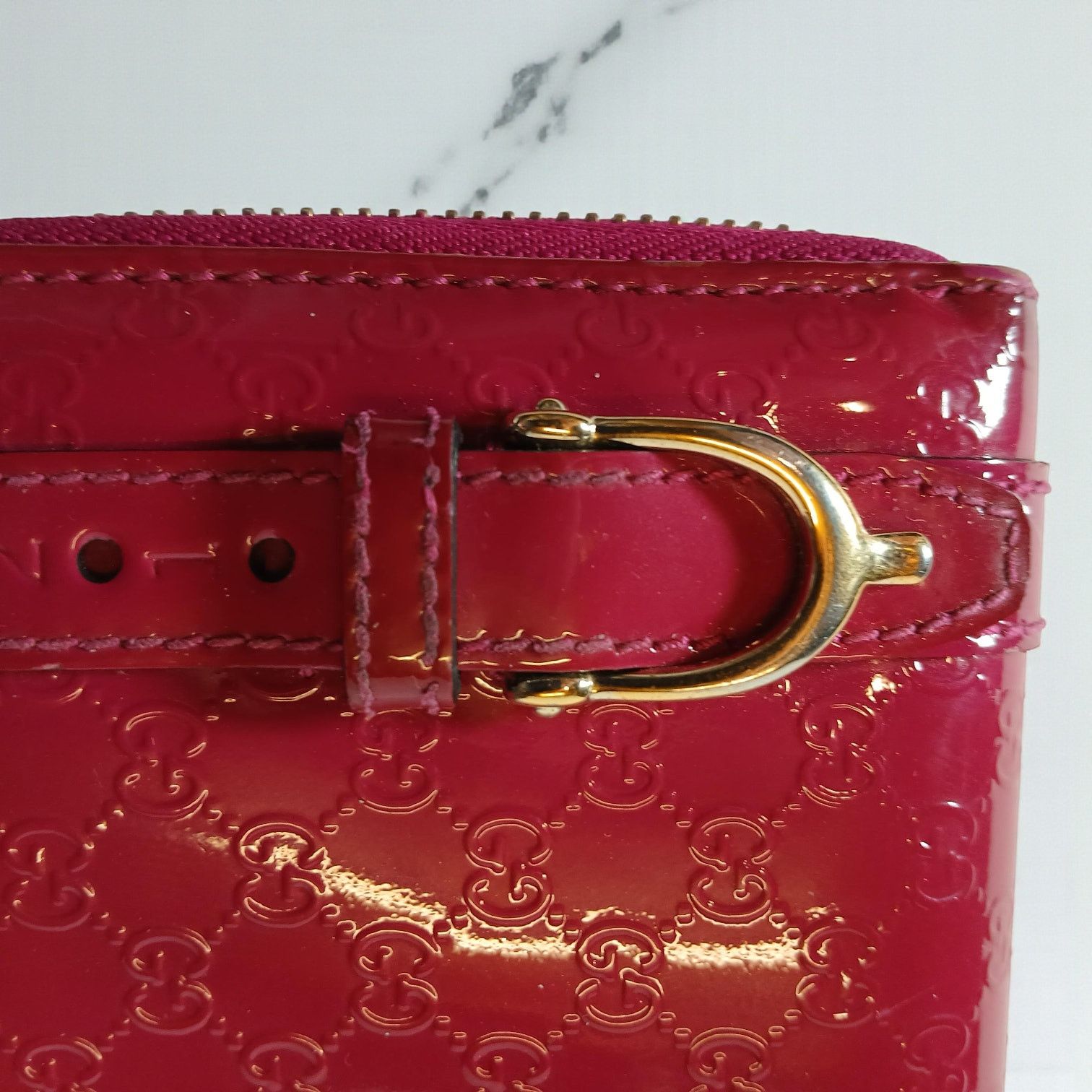 Gucci Gucci Shima GG Belted Zip Around Pink Enamel Leather Wallet Size ONE SIZE - 10 Thumbnail