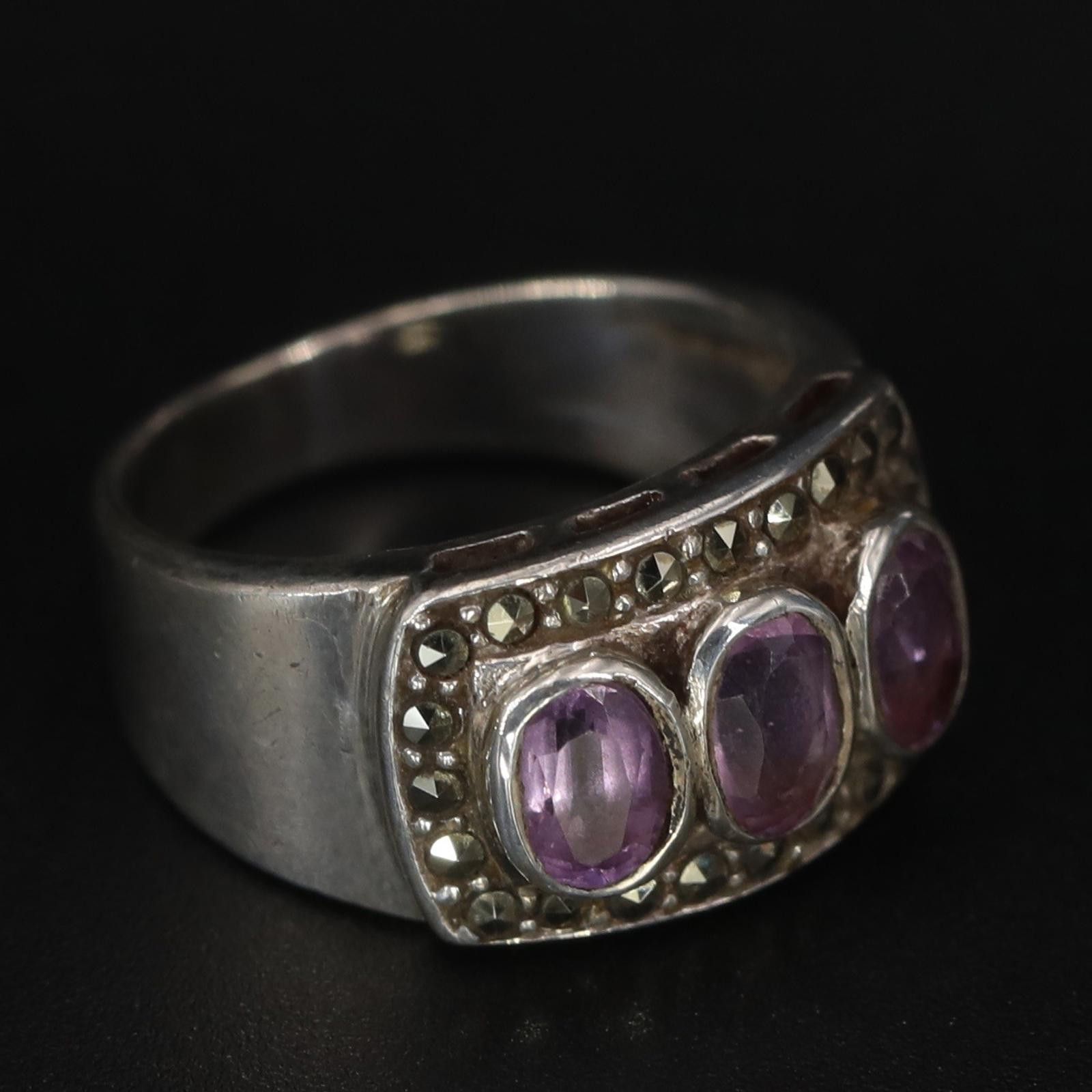 The Unbranded Brand Sterling Silver Art Deco Amethyst Marcasite Pave Ring Size 6 Size ONE SIZE - 1 Thumbnail