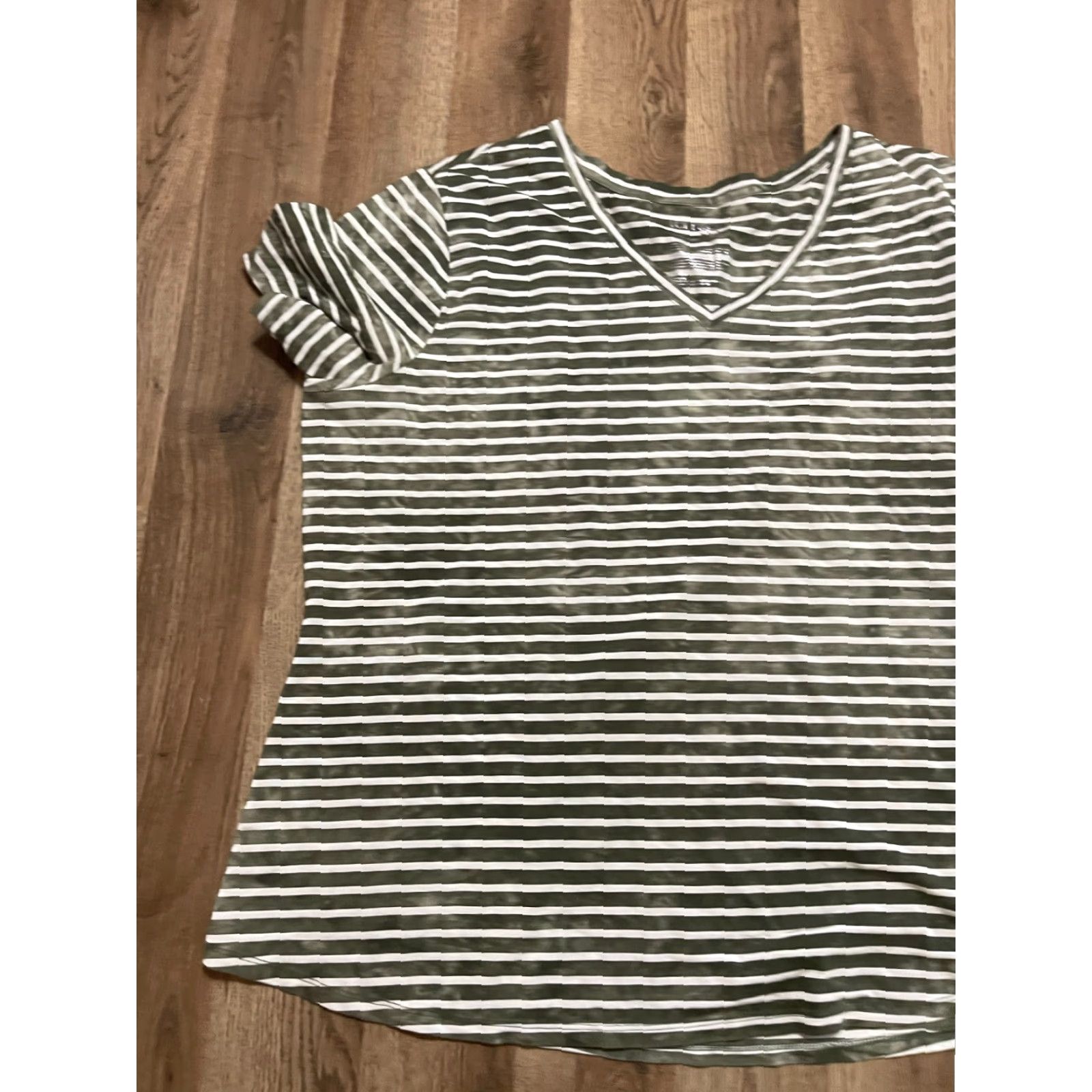 Vintage Terra & Sky Shirt Women's Plus Size 2X Green White Striped V-neck Short Sleeve Pullover Casual Modern Basic T-Shirt Womens Size XXL / US 16-18 / IT 52-54 - 3 Thumbnail