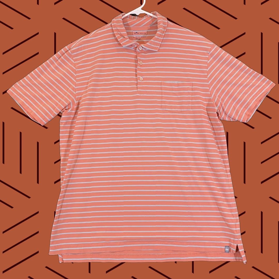 Peter Millar PETER MILLAR Polo Shirt Mens Large Golf Salmon Pink Blue Striped Sport Shirt Size US L / EU 52-54 / 3 - 1 Thumbnail
