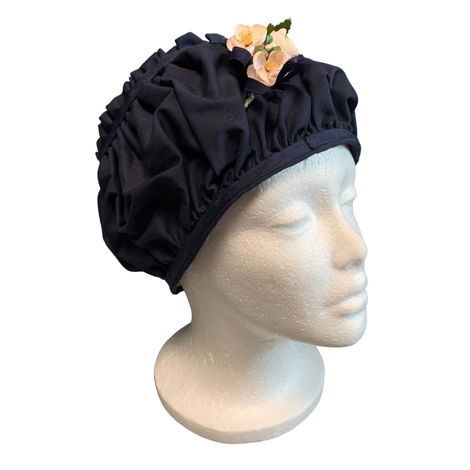 Vintage Handmade Navy Blue Ruffled Vintage Hat with Floral Accent by Size ONE SIZE - 1 Thumbnail