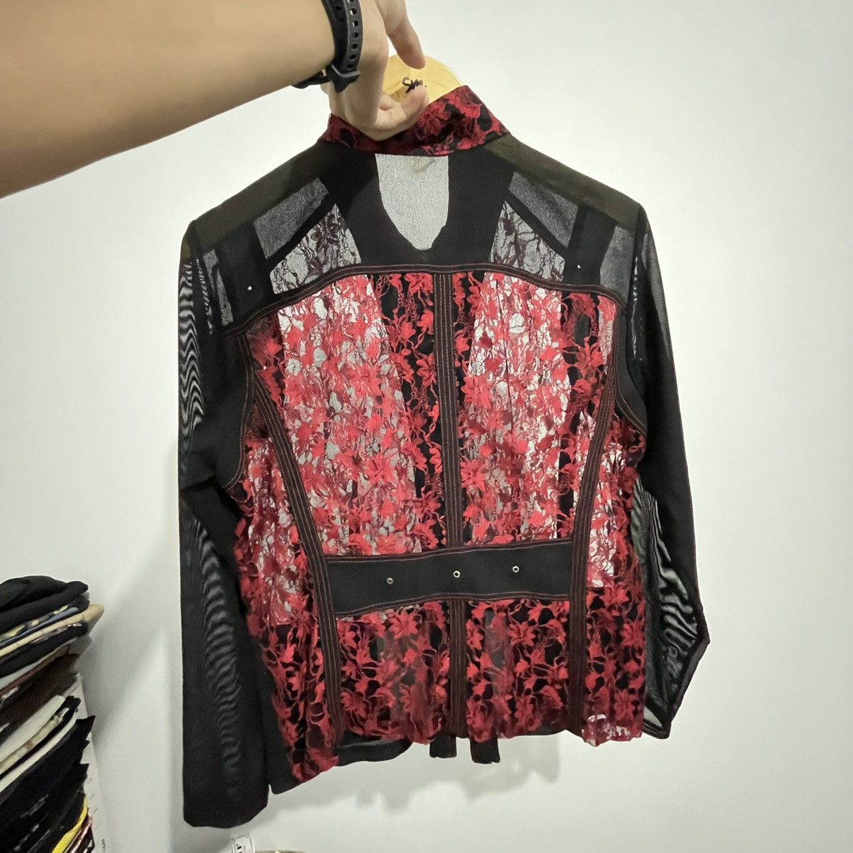 Japanese Brand Red Floral Lace & Mesh Paneled Gothic Emo Style ZipUp Jacket Size M / US 6-8 / IT 42-44 - 5 Thumbnail