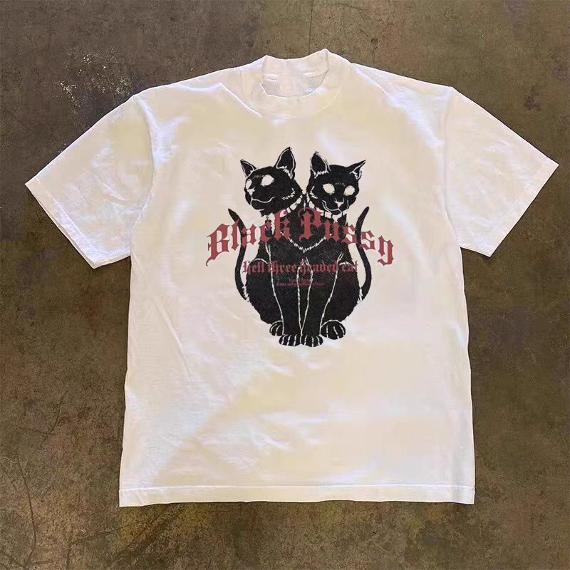 Vintage White casual retro double-headed cat print t-shirt Size US M / EU 48-50 / 2 - 1 Thumbnail