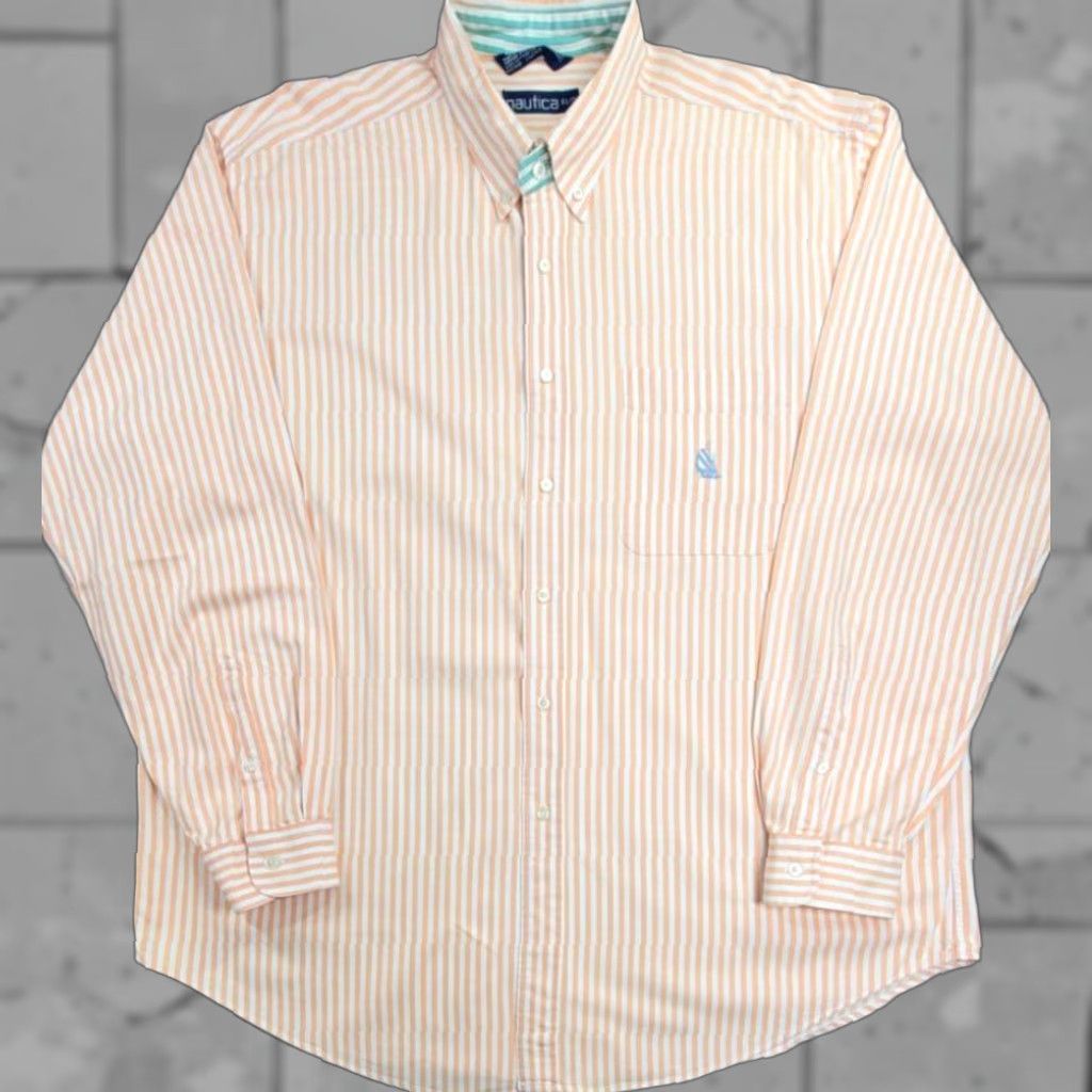 Nautica VINTAGE Nautica Button-Up Shirt XL Peach White Striped Long Sleeve Heavyweight Yacht Mens Size US XL / EU 56 / 4 - 1 Thumbnail