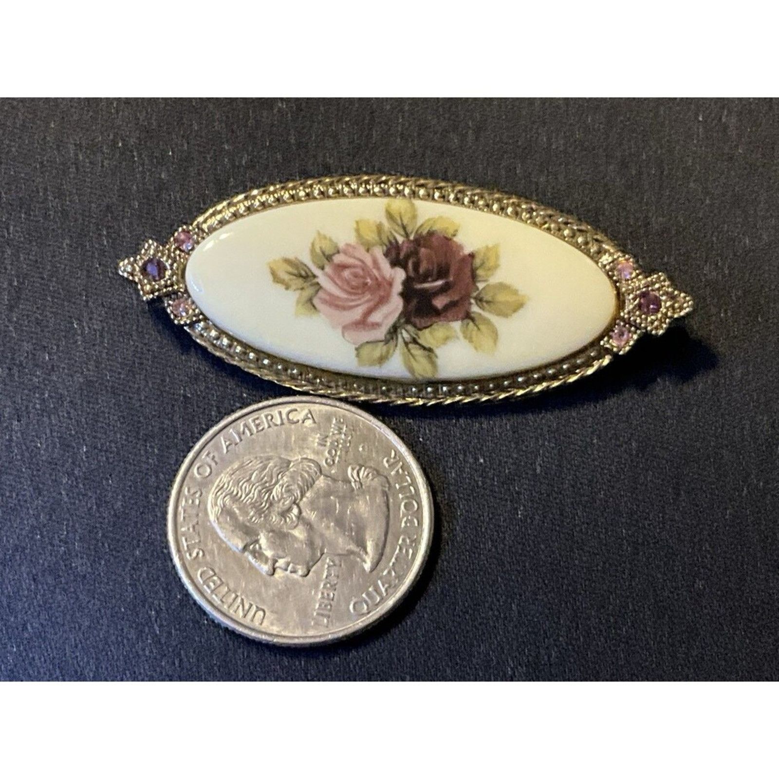 Other Vintage Porcelain Hand Painted Pink Purple Roses Brooch Size ONE SIZE - 3 Thumbnail