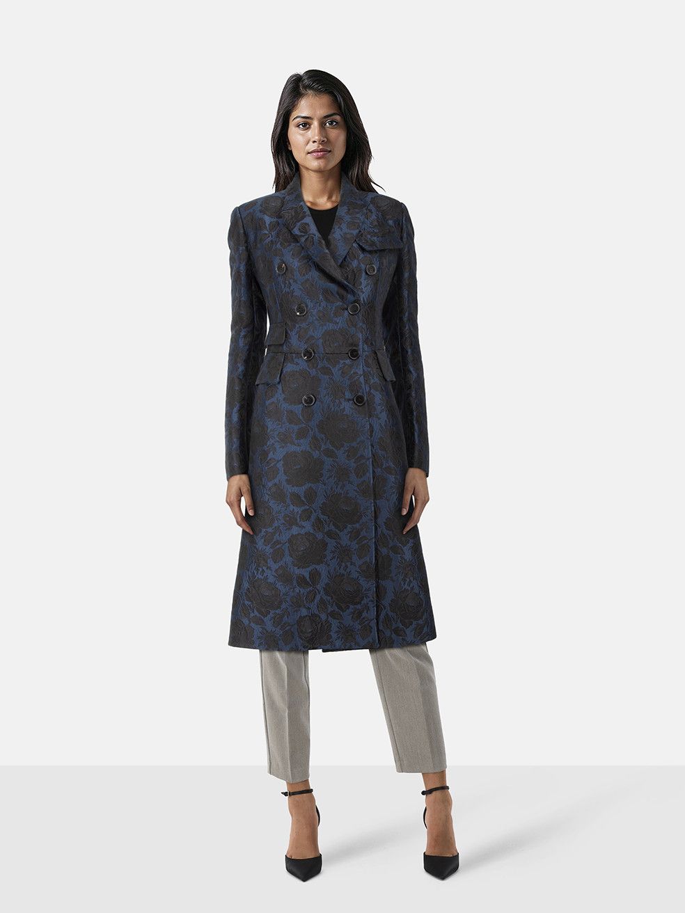 Alexander McQueen Black & Blue Silk Floral Coat Size M / US 6-8 / IT 42-44 - 1 Thumbnail