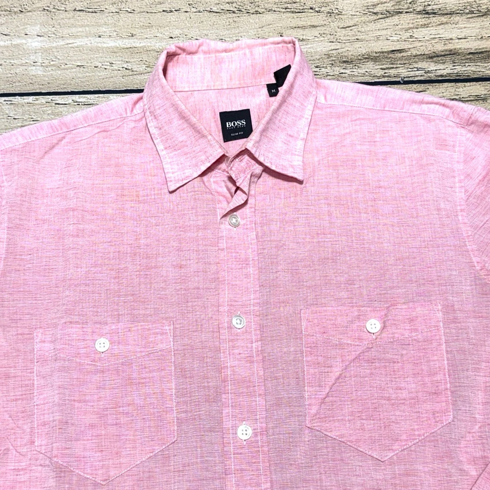 Hugo Boss HUGO BOSS Shirt Mens M Pink Slim Button-Up Collared Pocket Lightweight Cotton Linen Pockets Slim Size US M / EU 48-50 / 2 - 2 Thumbnail