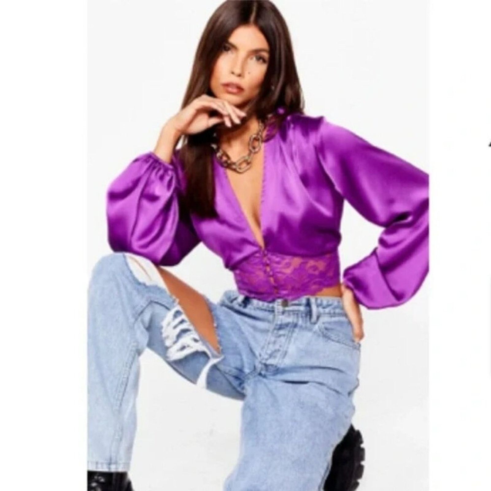 Nasty Gal Nasty Gal Lace Trim Satin Blouse Size XS / US 0-2 / IT 36-38 - 1 Thumbnail