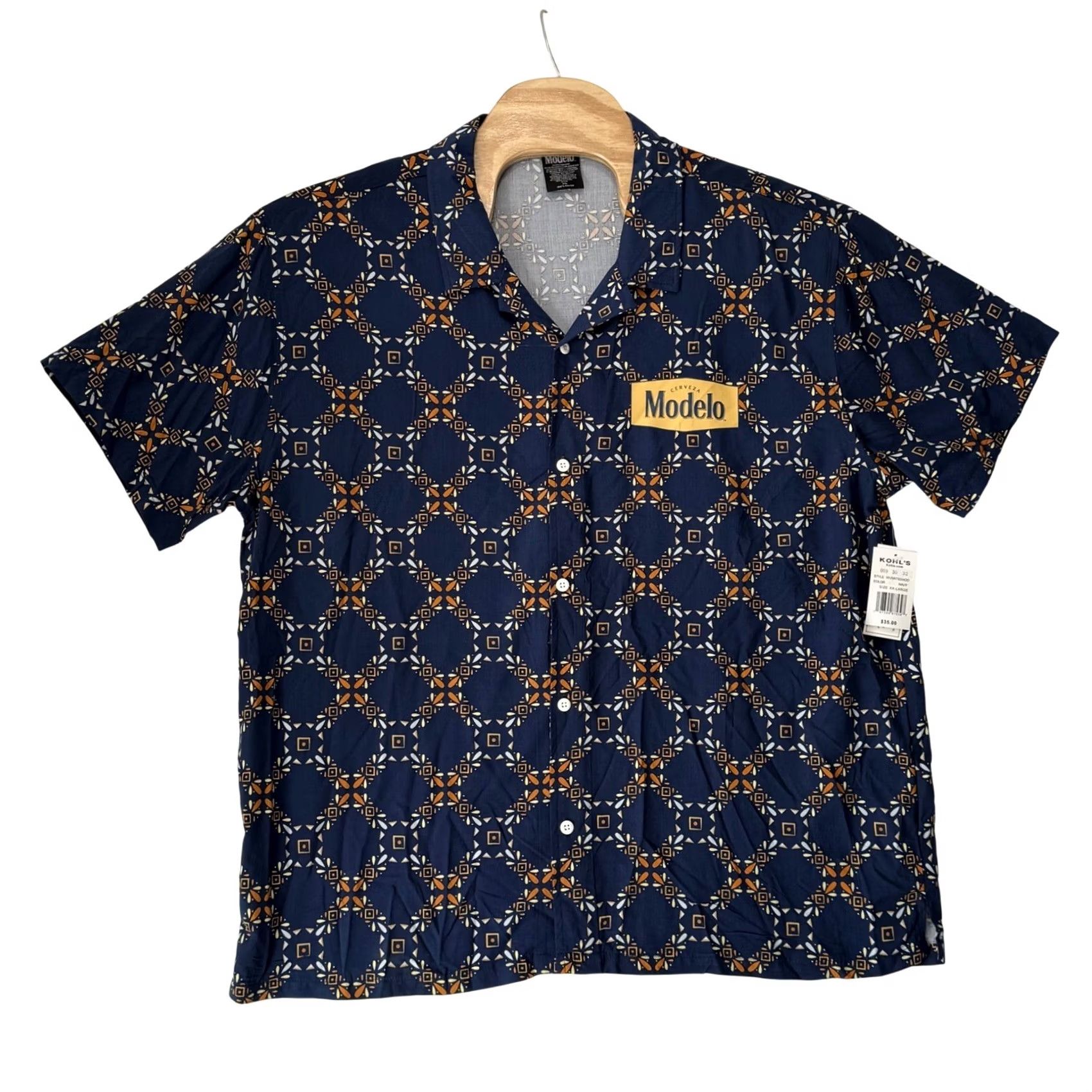 Vintage Modelo Mens 2XL Button-Down Shirt Navy Blue Geometric Logo Camp Summer NWT Size US XXL / EU 58 / 5 - 2 Thumbnail