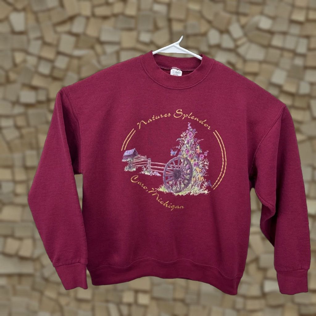 Fruit Of The Loom VINTAGE Fruit of the Loom Sweatshirt Crew Neck Large Red Michigan Barn Butterfly Graphic Print Unisex Adults 90s Grunge Fashion Size US L / EU 52-54 / 3 - 1 Thumbnail