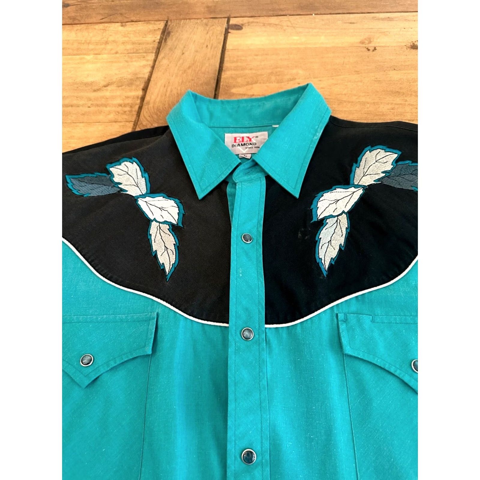 Vintage VINTAGE 80s Pearl Snap Western Shirt Ely Diamond Turquoise Black Embroidered L Shirt Mens Small? Size US L / EU 52-54 / 3 - 3 Thumbnail