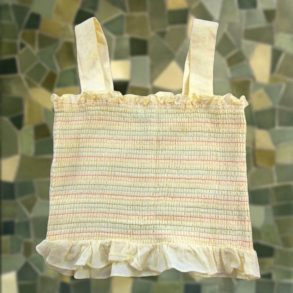 Vintage ModCloth Blouse Shirt 100% Cotton Yellow Red Green Large Womens Crop Tank Top Elastic 90s Size L / US 10 / IT 46 - 1 Thumbnail