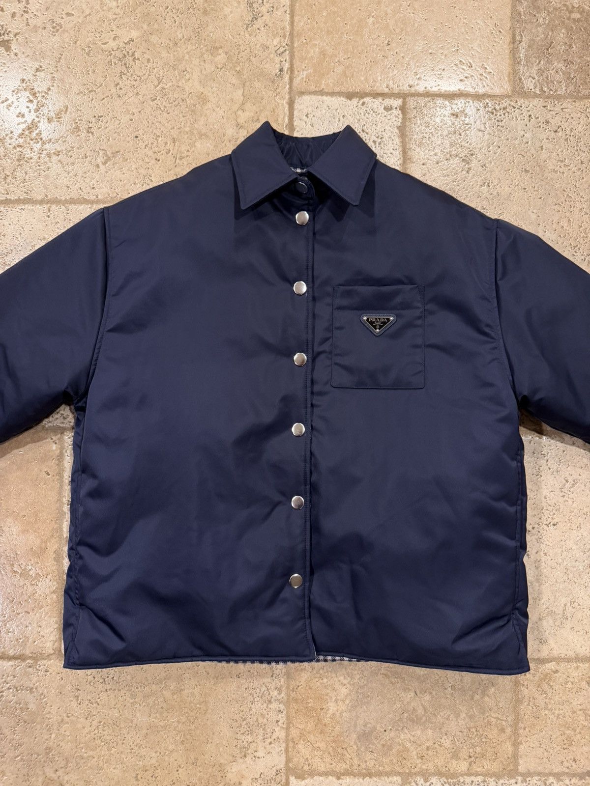 Prada Prada Re-Nylon Padded Checked Line Blouson Navy Jacket Size XXS / US 00 / IT 34 - 8 Thumbnail