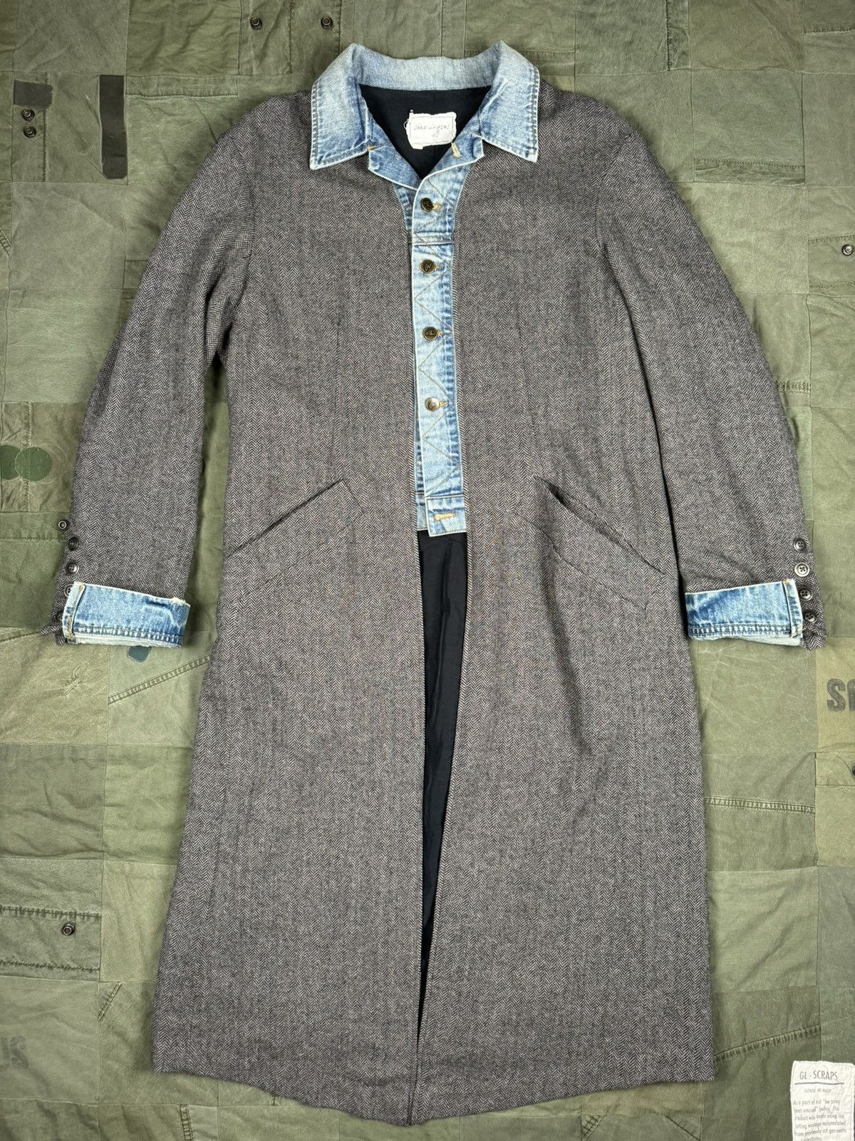 image of Greg Lauren Herringbone Trucker Trench Coat in Grey, Men's (Size XL)