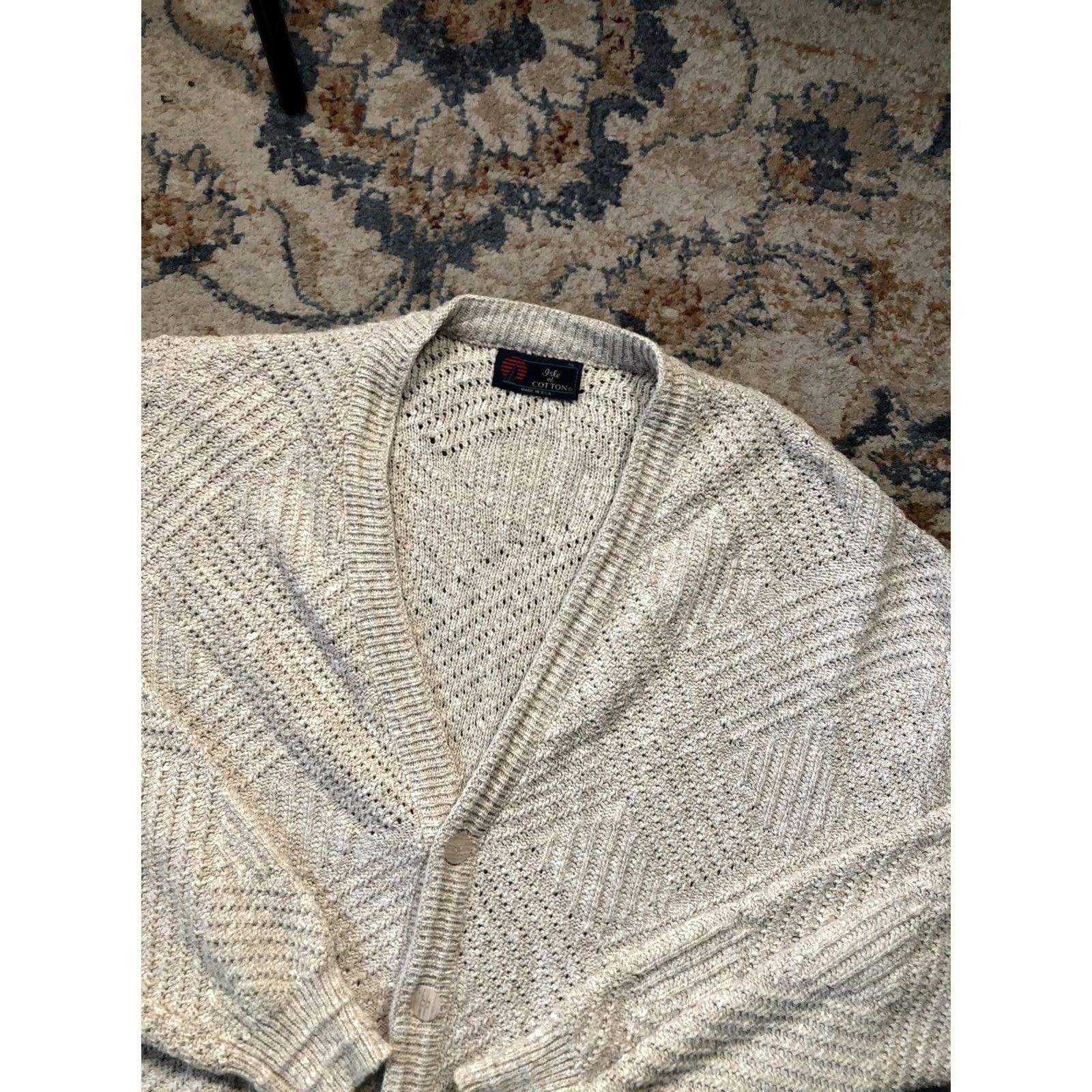 Vintage VINTAGE Isle of Cotton Cardigan Shirt XL Beige Knit Button Geometric Open-Knit V-Neck Mens 80s Size US XL / EU 56 / 4 - 6 Thumbnail