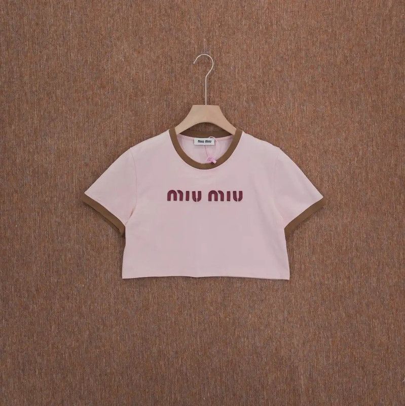 Miu Miu Miu Miu Pink Embroidered Short Sleeve Crop Top 0089 Size L / US 10 / IT 46 - 1 Thumbnail