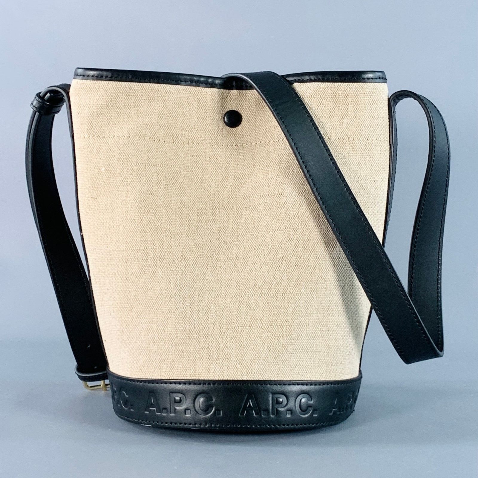 Beige Black Jute Cotton Leather Trim Crossbody Bucket Bag