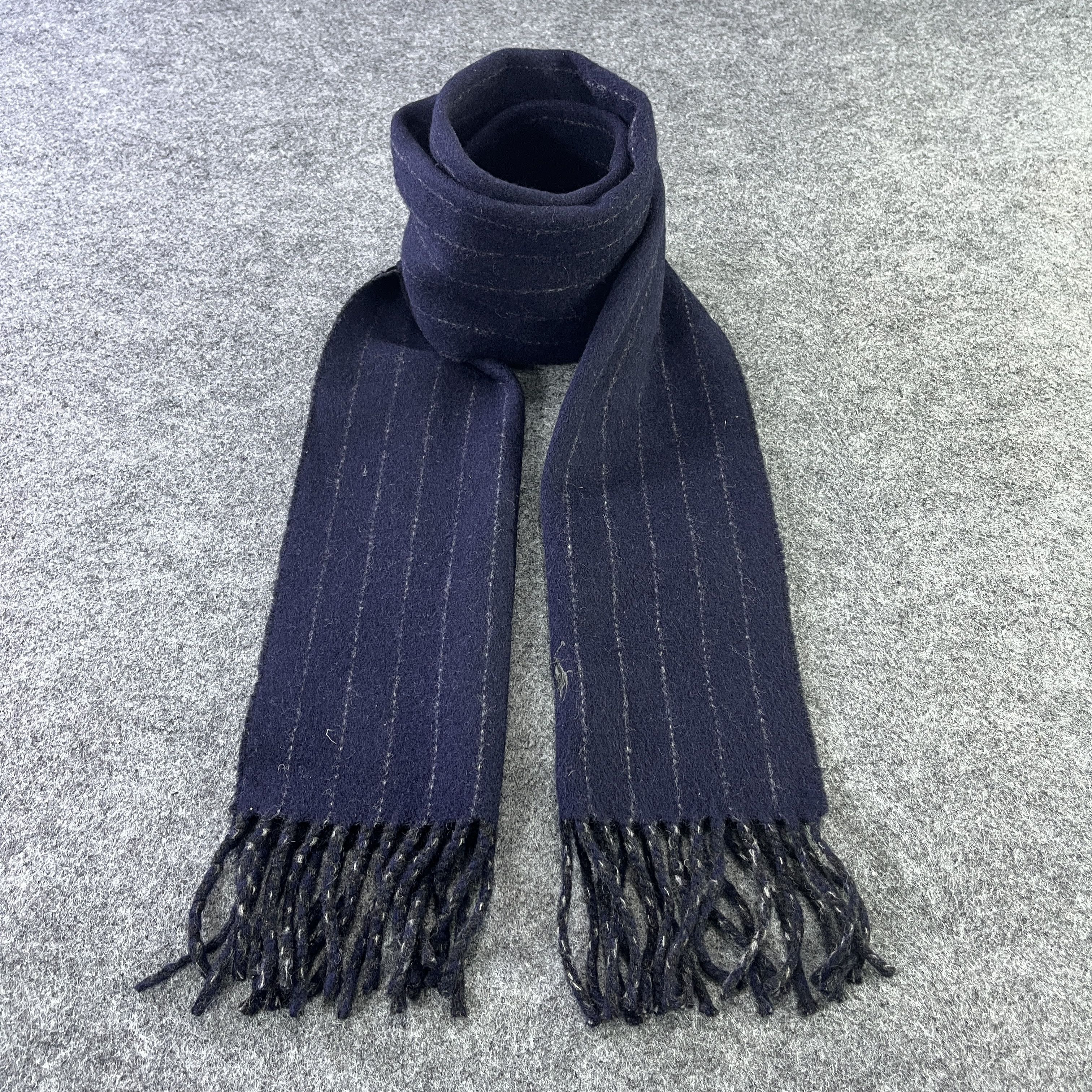 JUNKO KOSHINO Blue and White Two Tone Muffler Fringes Wool Scarf authentic Japanese Designer