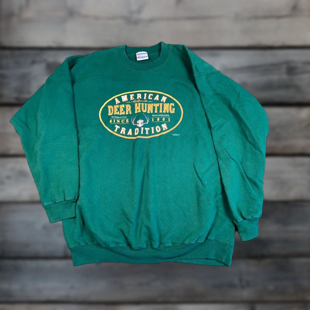 Hanes VINTAGE Hanes Sweatshirt Deer Hunting Graphic Crew Neck Green XL Heavyweight Men’s Pullover 90s Outdoors Size US XL / EU 56 / 4 - 1 Thumbnail