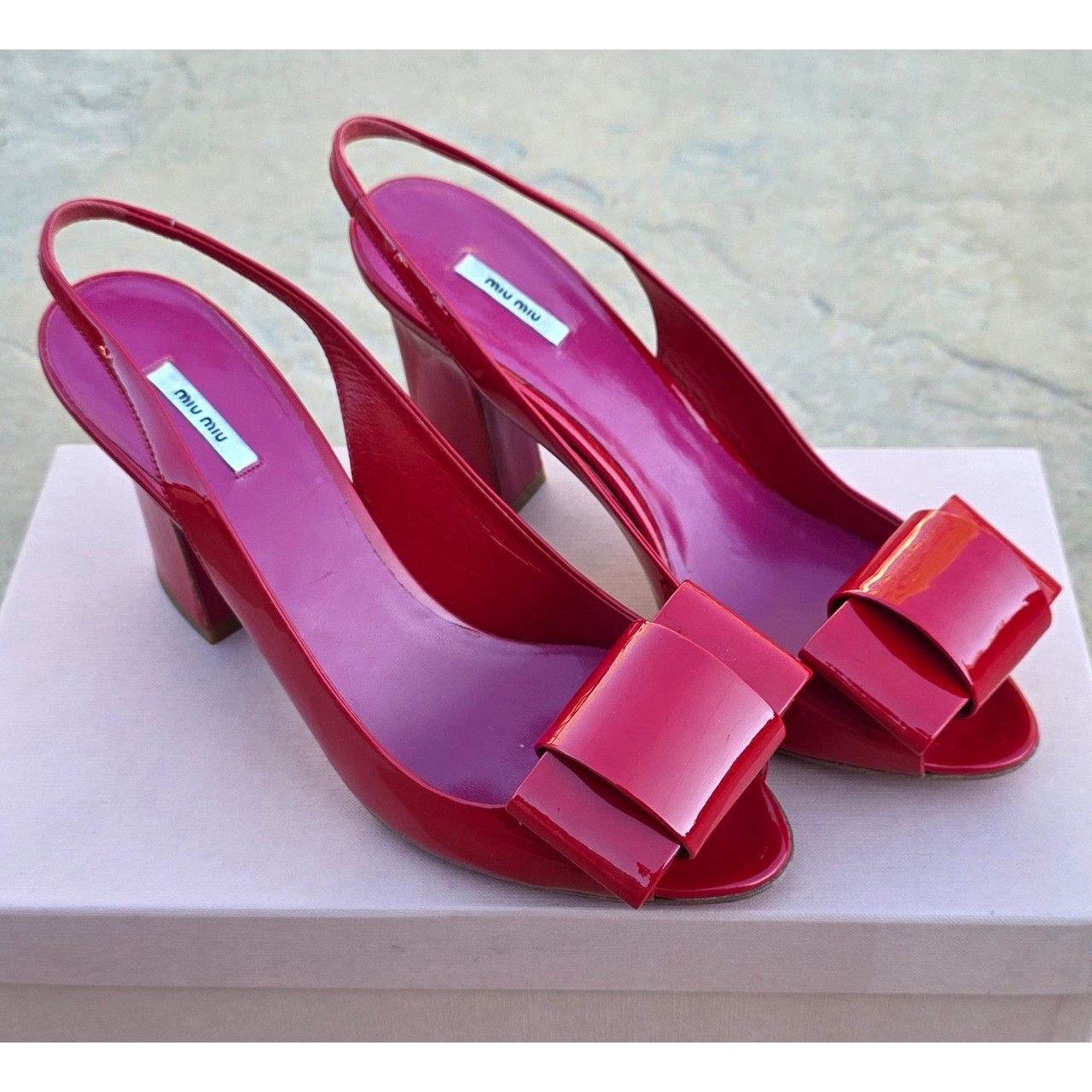 Miu Miu Miu Miu Red Patent Leather Heel Open Toe Pumps w/ Bow EU 37 Size US 6 / IT 36 - 4 Thumbnail