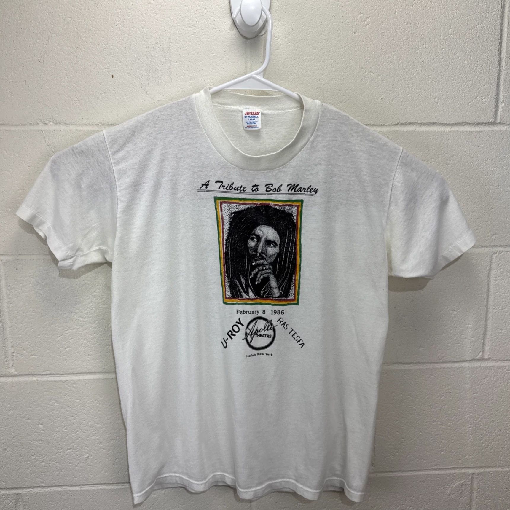 Jerzees VINTAGE Bob Marley T-Shirt 1986 U-Roy Rastafari Graphic Tee Mens Large White 80s Size US M / EU 48-50 / 2 - 2 Thumbnail