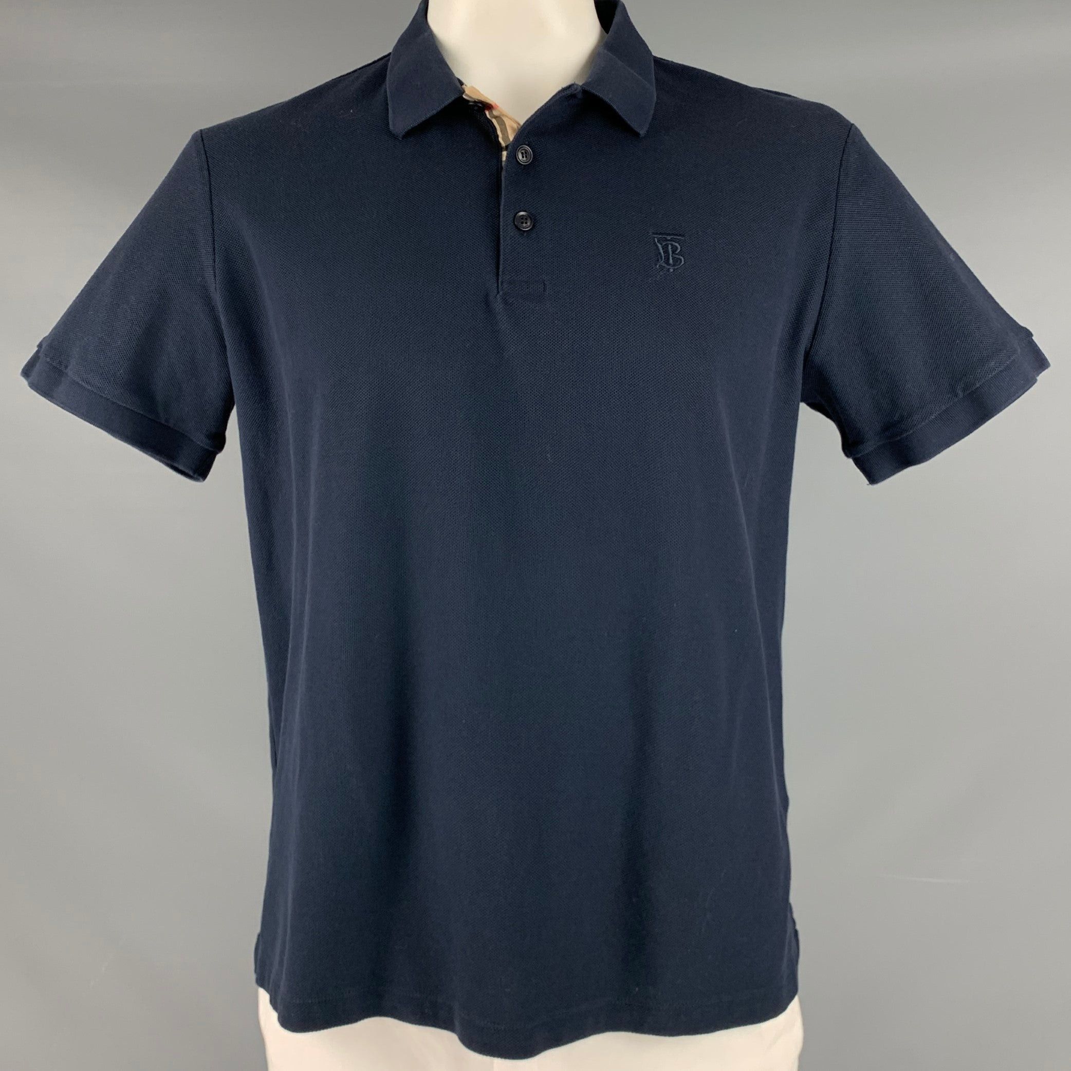 image of Burberry Navy Cotton Monogram Half Placket Polo, Men's (Size 2XL)