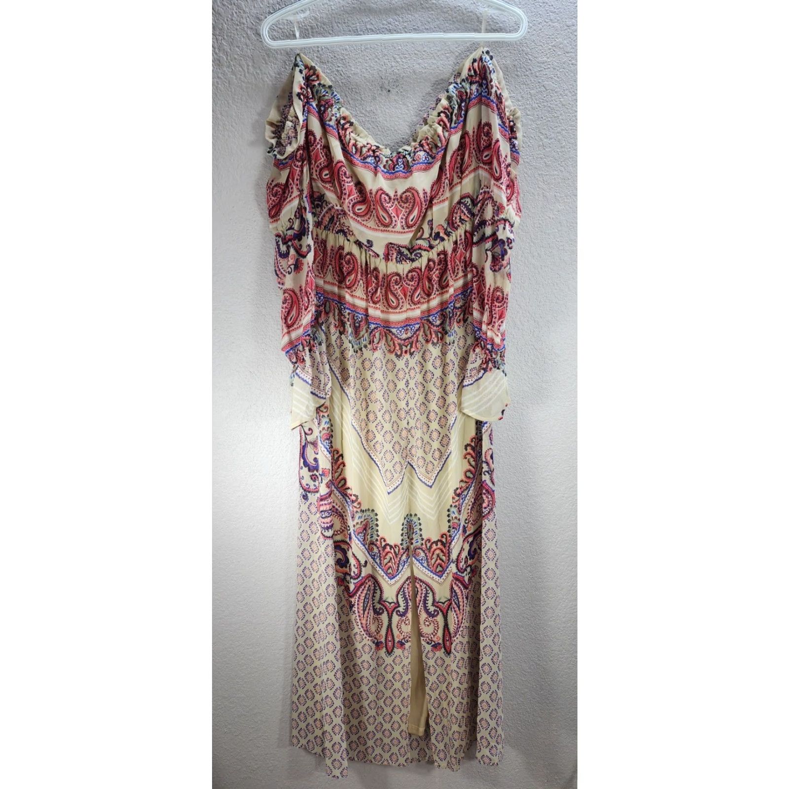 Vintage Love Reign Off the Shoulder Long Flare Ruffle Dress Beige Red Paisley Floral L NWT Lip? No—keep words exact. Size L / US 10 / IT 46 - 6 Thumbnail