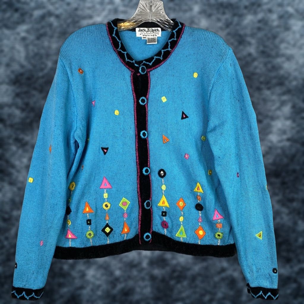 Vintage VINTAGE 90s Jack B Quick Cardigan Sweater Womens Petite PM Turquoise Sequins Knit Blue Size M / US 6-8 / IT 42-44 - 1 Thumbnail