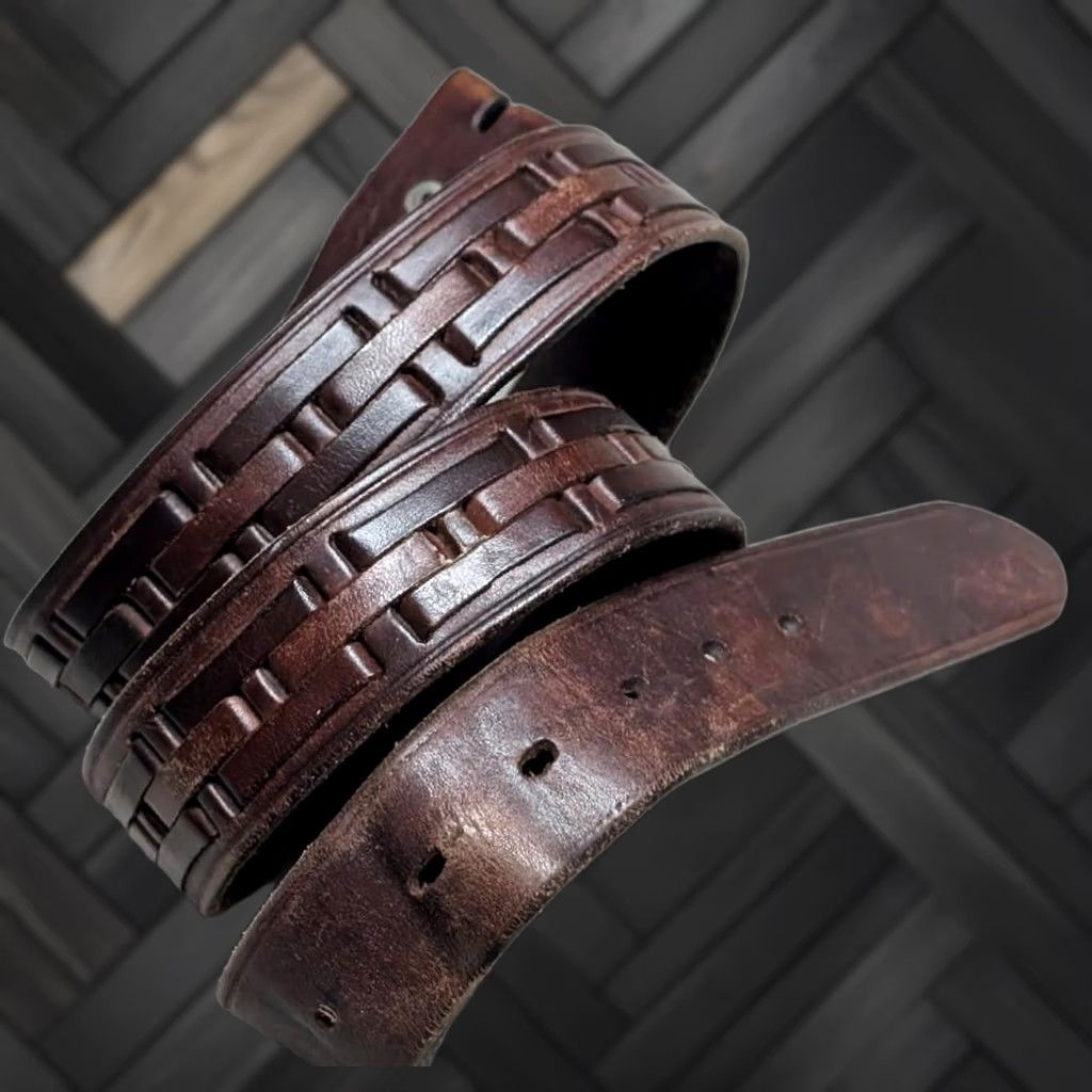 Vintage VINTAGE western belt Handcrafted leather Brown 44 Cowhide Weave buckle belt Mens Belt Size 44 - 1 Thumbnail